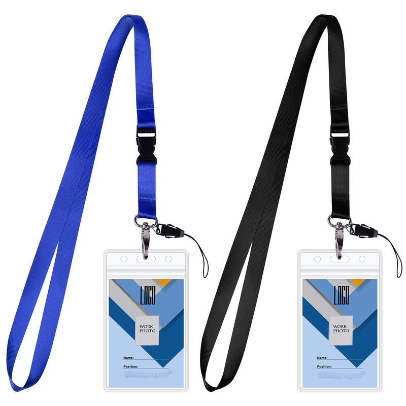 Wisdompro Cruise Lanyard Badge Holder, Wisdompro Vertical 2-Sided 2 Card Slot Waterproof Clear PVC ID Tag Holder with Ziplock and 20.8â€™â€™ Heavy Duty Detachable Neck Strap - 2 Set, Black/Blue - Image 1